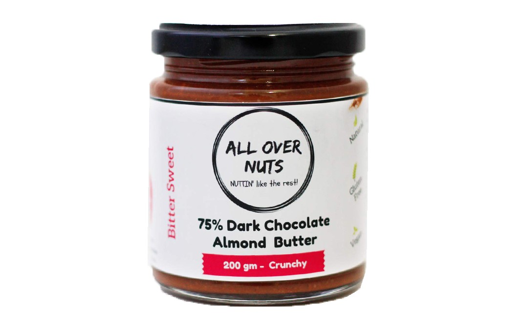 All Over Nuts 75% Dark Chocolate Almond Butter Crunchy  Glass Jar  200 grams